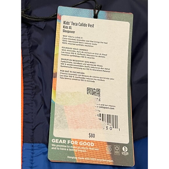 NWT COTOPAXI Kids XL Teca Calido Zip Vest Reversible Sleepover Green Blue Orange - Picture 6 of 11